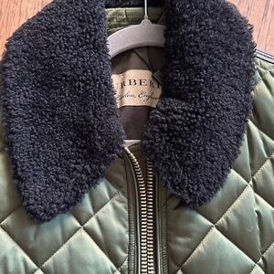 BURBERRY Women M Long Quilted Bomber Jacket Shearling Collar Moss Green
